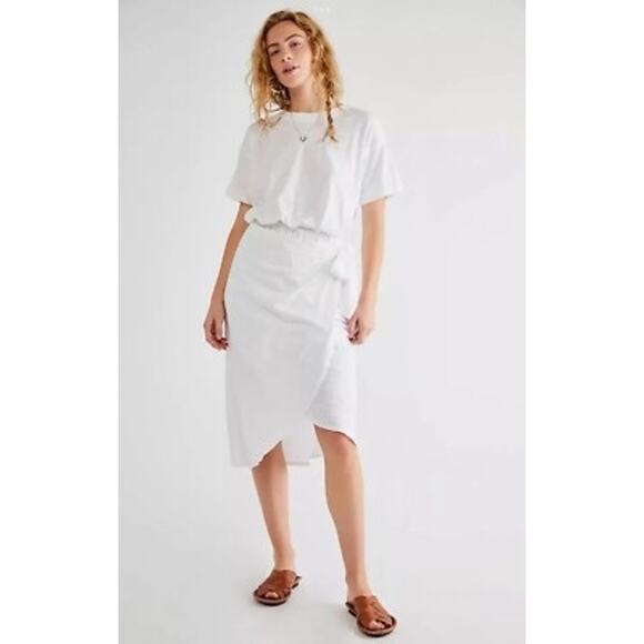 Free People Leila White Slub Knit Blouson Side Tie Midi Wrap Dress SZ M - Picture 2 of 10